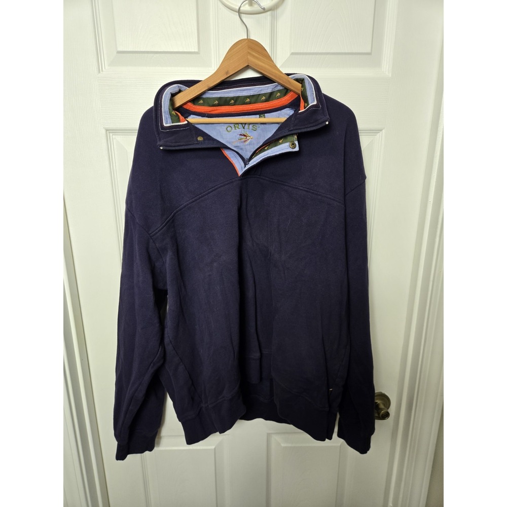 Orvis Men's Blue Quarter Zip Fleece Pullover Sweatshirt Mock Neck Logo 2XL